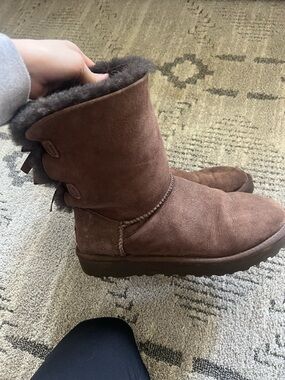 UGG Chestnut Suede Shearling Short Winter Boots with Back Bows